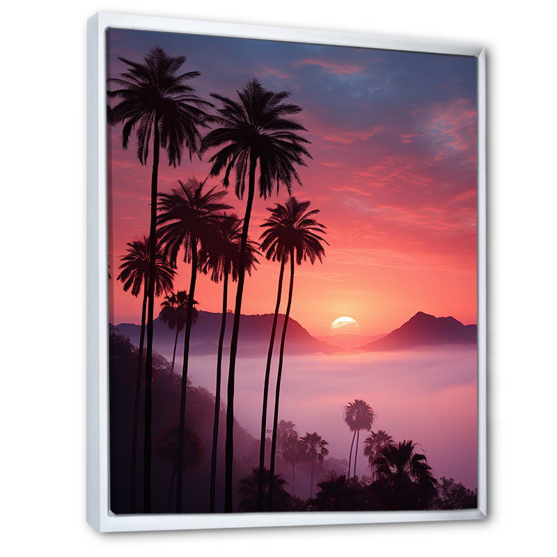 Palmier abstrait d'Hawaï, coucher de soleil II, Cadre flottant blanc, H 32 po x l 24 po x P 1 po