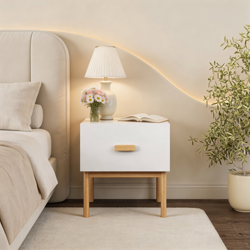 Table de chevet blanche moderne avec tiroir et pieds en bois, table de chevet minimaliste avec poignée pour chambre à coucher, salon, appartement