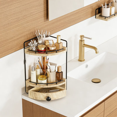 2-Tier Corner Bathroom Counter Organizer With Drawer, Wooden Vanity Shelf For Skincare, Makeup & Essentials, Space-Saving Design With Easy Installation