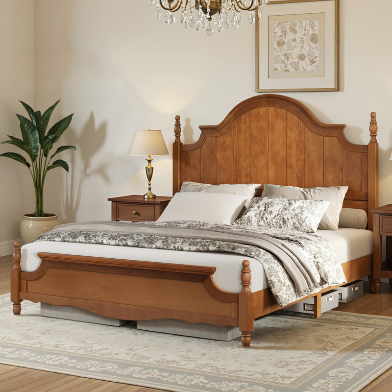 Bilal Traditional Queen Size Solid Wood Four Poster Bed,Yellow Brown, Queen, Yellow Brown