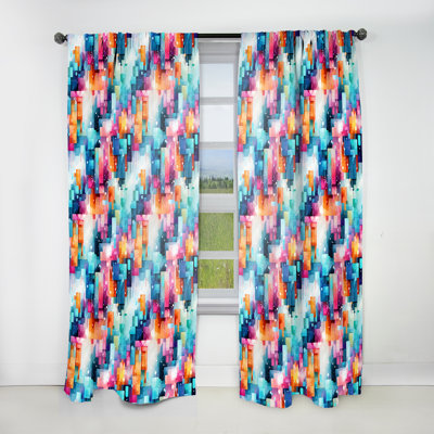 Blue And Pink Abstract Pixel Expression - Abstract Geometric Room Darkening Curtain - 1 Panels