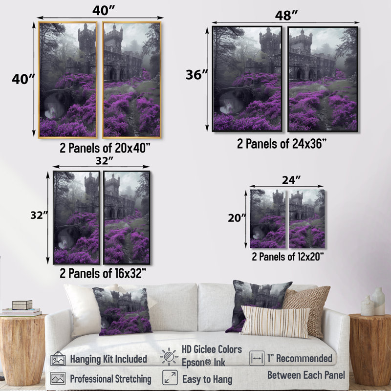 Château de brouillard monochromes gris et gris en fleurs III - impressions sur toile traditionnelles roses 2 pièces, Blanc