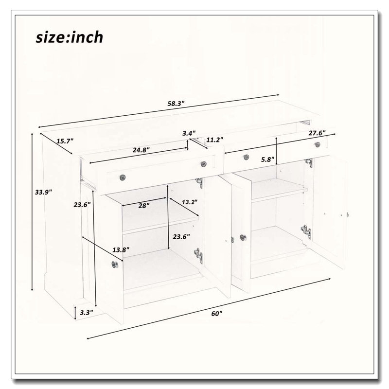 60" Sideboard Buffet with 2 Drawers, 4 Doors, and Adjustable Shelves, White