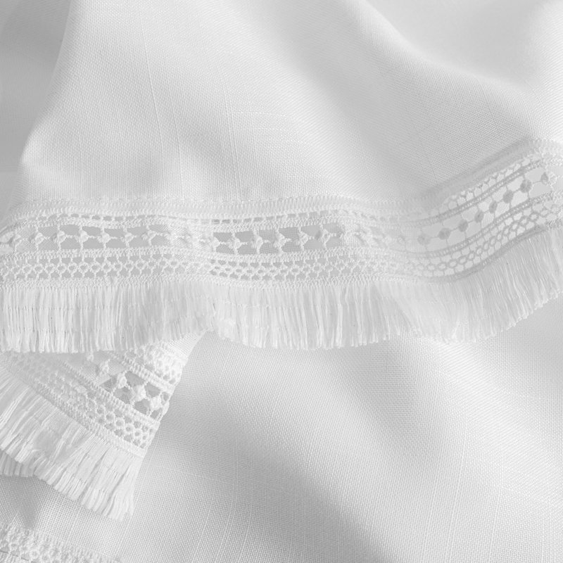 White Polyester Rod Pocket Tailored Valance with Brush Fringe