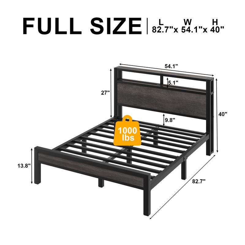 Dilem Bed Frame With LED Light, Industrial Platform Bed With Charging Station, 2-Tier Storage Headboard, No Box Spring Needed, Noise-Free, Strong Support Legs