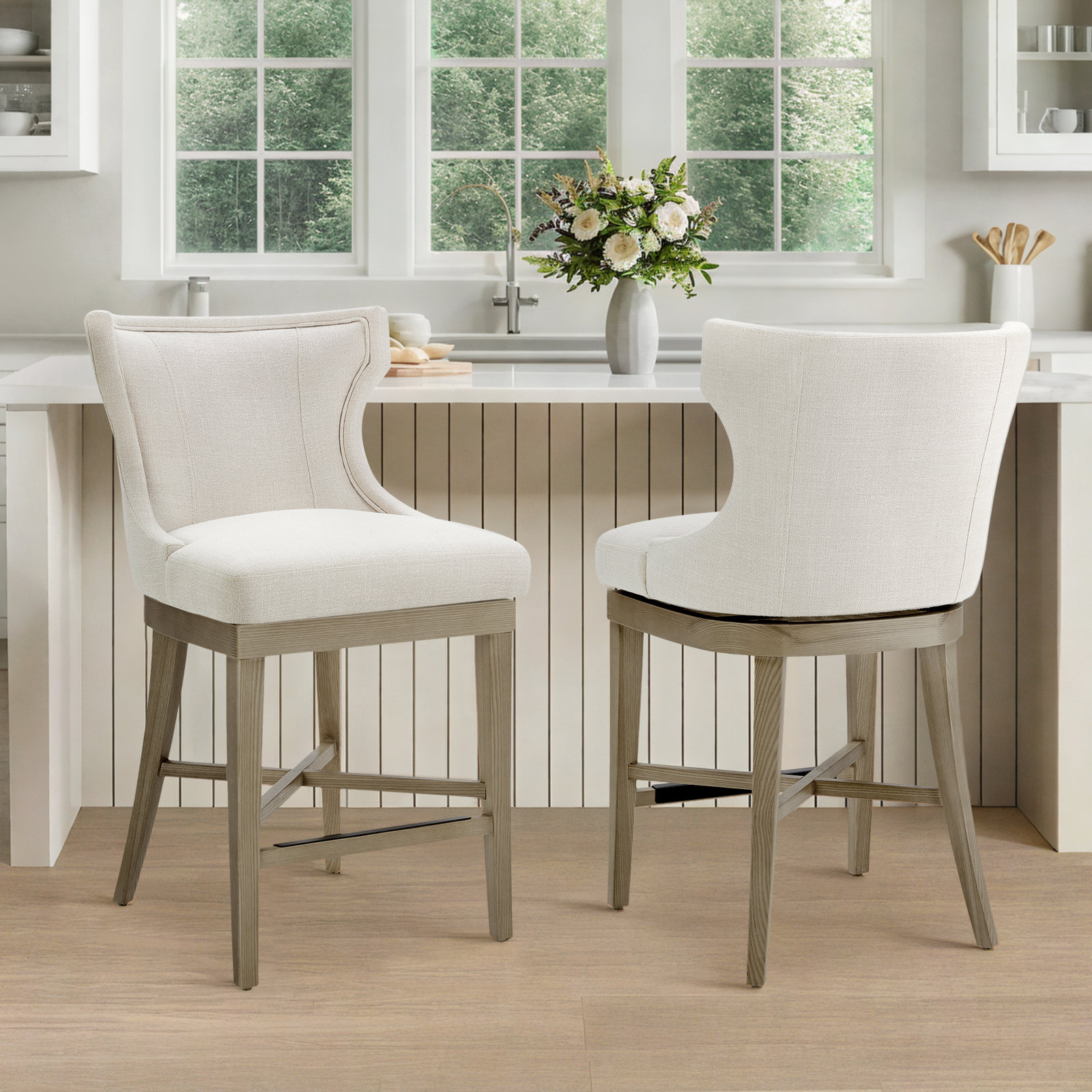 Willow Upholstered Swivel Barstool, Effie Linen Performance Linen
