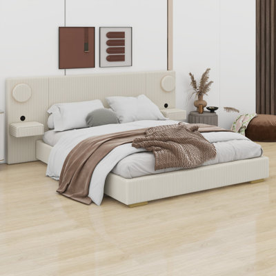 Lit plateforme avec éclairage à DEL circulaire, ports de chargement USB, tiroirs de rangement latéraux, style minimaliste moderne