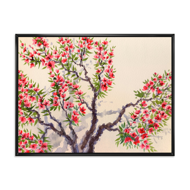 Fleurs rouges sur l'arbre en fleurs I - Peinture sur toile, Cadre noir, H 30 po x l 40 po x 1,5 po