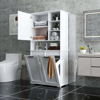 Armoire à linge blanche autoportante avec portes, panier inclinable et tablettes réglables - plusieurs espaces de rangement