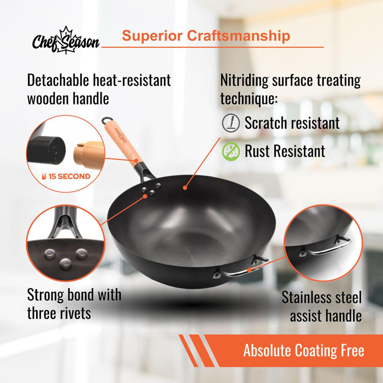 ChefSeason Carbon Steel Wok, Flat Bottom, 100% Coating Free, Pre-Seasoned, Free Tote Bag Size: 5 H x 21.5 L x 13.4 W CS-NCF-F-34