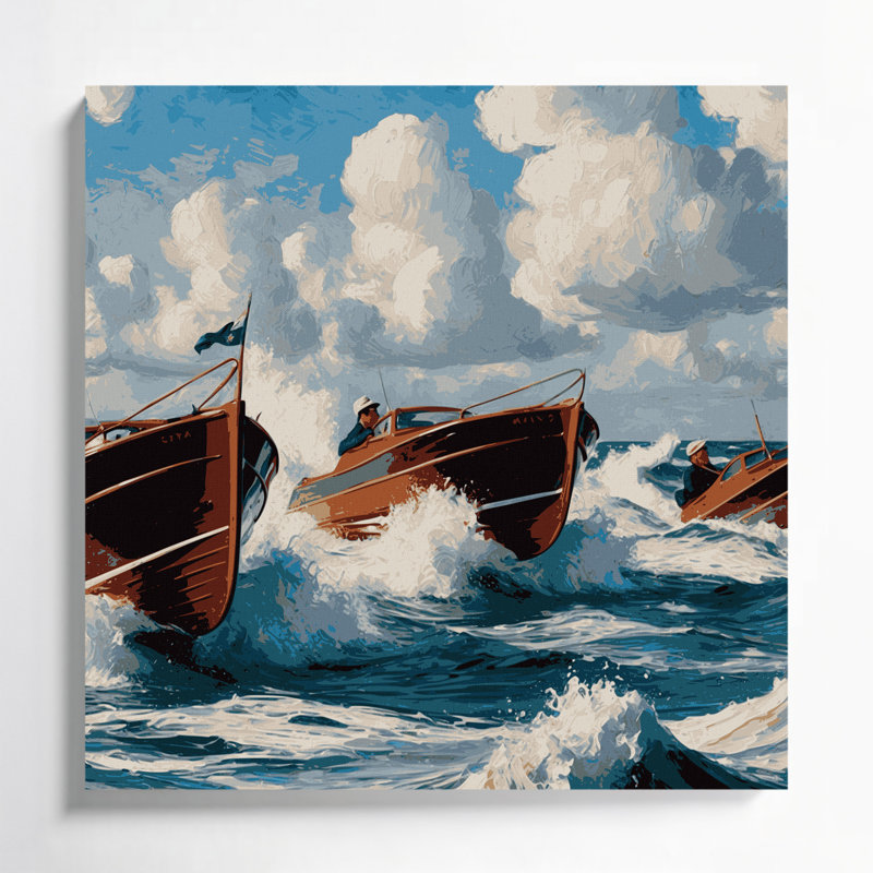 Nautique, bateaux à moteur gris, art mural sur toile, H 32 po x l 32 po