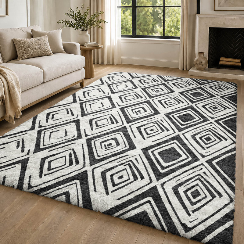 Tapis Dream Shag ADS733 à motif diamant, lavable à la machine et de qualité supérieure, Ivory, 3 pi x 5 pi