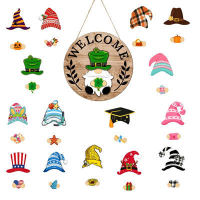 Wooden sign Interchangeable  Gnome Welcome Round Wooden Sign  Patrick’s Day  Front Door Hanging Wreath  DIY Detachable Holiday Decorative Door Ha
