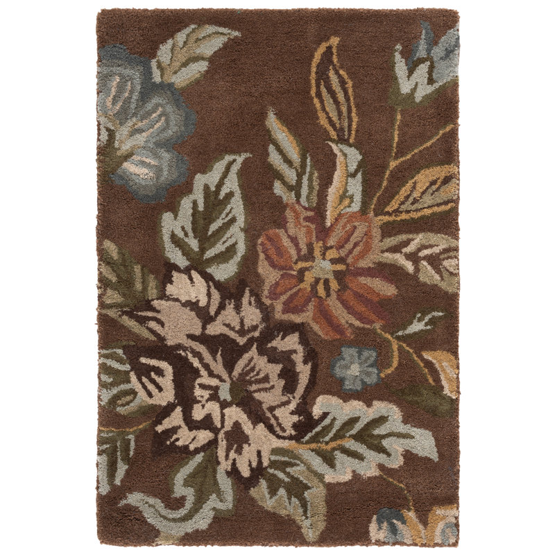 Tapis en laine, coton et latex brun à motif floral crocheté à la main Emrick, Rectangle 2 pi x 3 pi
