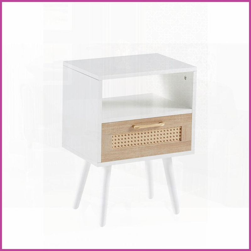 Rattan Coffee Table with Solid Wood Legs &amp; Drawer, Easy-Clean White Side Table for Living Room Bedroom, 120lbs Capacity