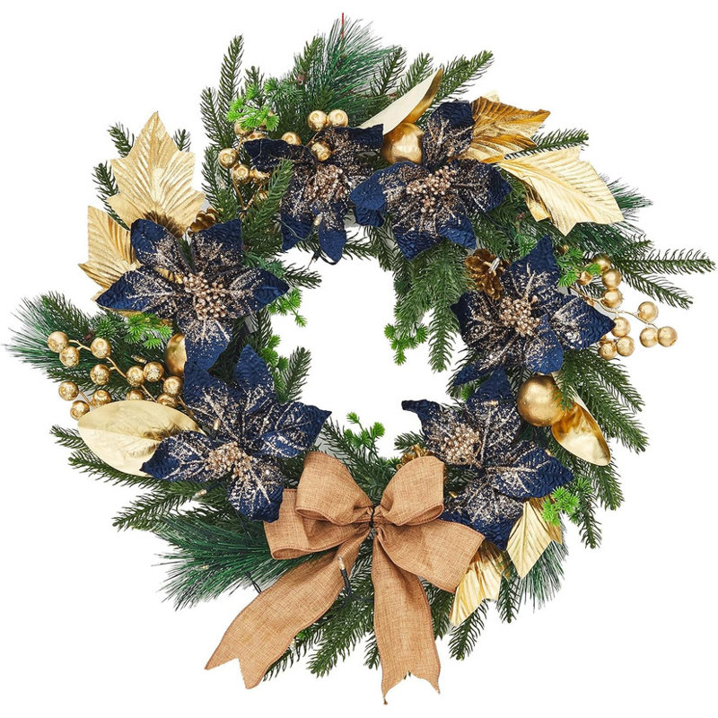 Couronne de Noël 24 po pré-éclairée avec fleurs bleues et ornements dorés, couronne de porte DEL à pile