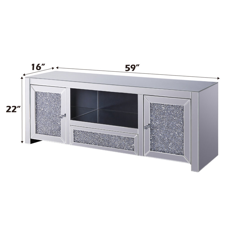 Meuble télé assemblé en miroir argenté avec incrustation de faux diamants, compartiment média ouvert, tiroir simple et 2 portes, pour téléviseur à écran plat de 50 po, plancher de 2 po, tiroir coulissant en métal, façade française, noir complet