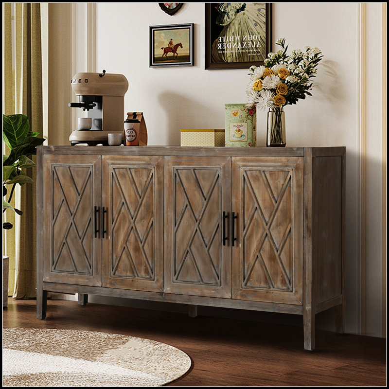 4 Door Wooden Twill Sideboard With Ample Storage, Vintage American Country Style For Cozy Living Rooms, Antique Gray