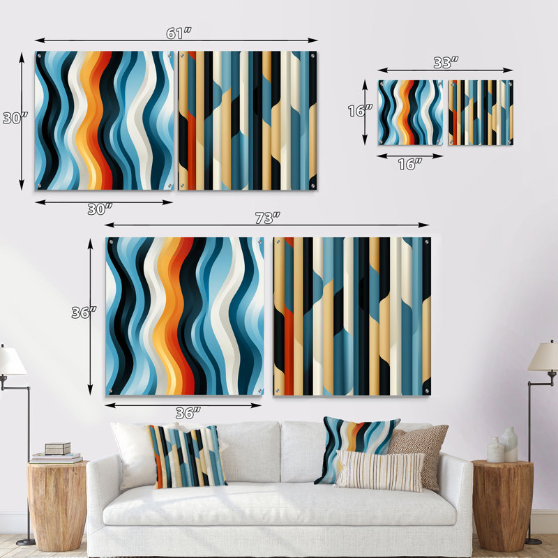Motif rayé bleu minimaliste élégant - formes abstraites acrylique en verre, ensemble de 2, H 36 po x l 73 po