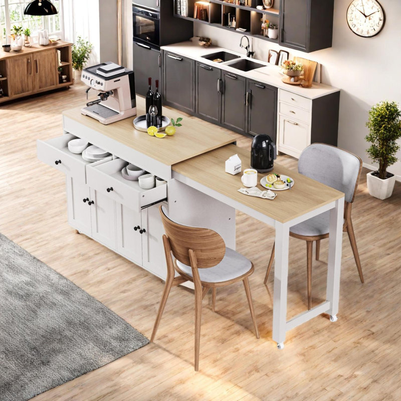 Îlot de cuisine avec table de salle à manger extensible, chariot roulant avec support à épices et tiroirs, Blanc