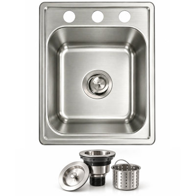 22" Stainless Steel Single Bowl Drop-In Kitchen Sink 3-Hole with Basket Strainer