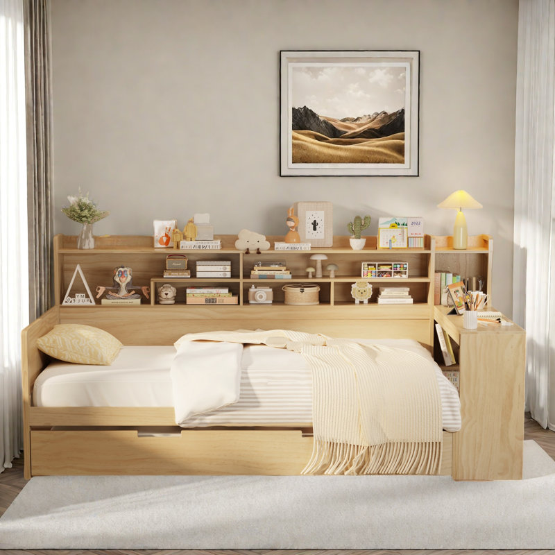 Lit de jour multifonctionnel en bois avec tablettes de rangement, bureau d'étude et lit gigogne, Blanc, Lit simple