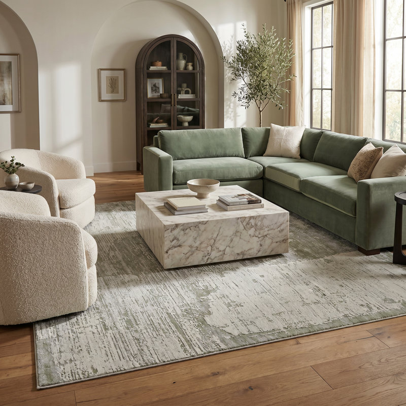 Tapis à motif patchwork abstrait vert / beige 7 pi x 10 pi (6 pi 7 po x 9 pi 6 po) Atlas Branch