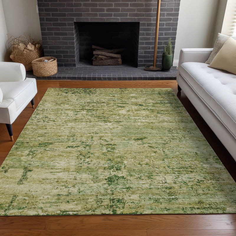 Machine Washable Green and Beige Synthetic Fern Rug