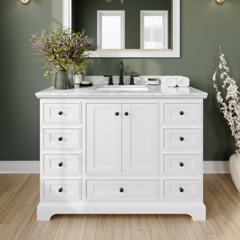 Deborah 48'' Single Bathroom Vanity with Marble Top with Mirror, Matte Black, White