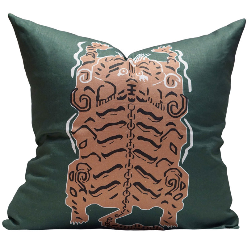 Le Tibetan En Solo Linen Square Pillow Cover, Green/Brown