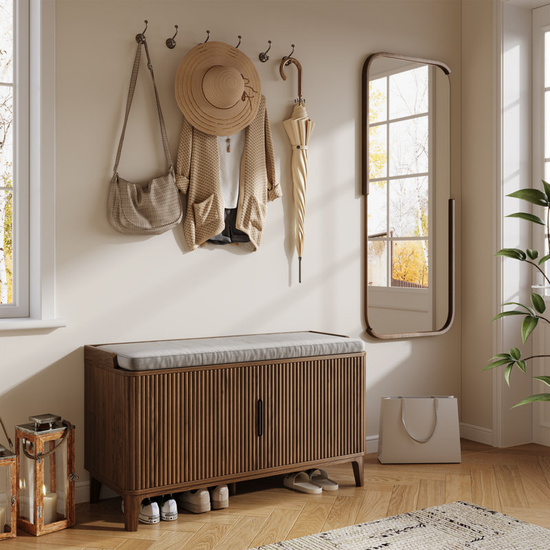39.4" Fluted Shoe Cabinet Storage With Bench, 2-tier Entryway Bench With Adjustable Shelves And Detachable Cushioned Seat