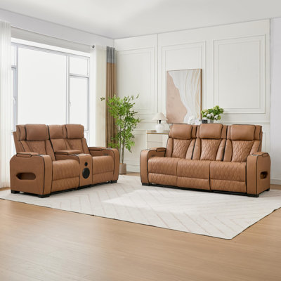 Canas Sizemore 2 Piece Reclining Pu Leather With Storage Cup Holder And Bluetooth Speaker Led Light Living Room Set