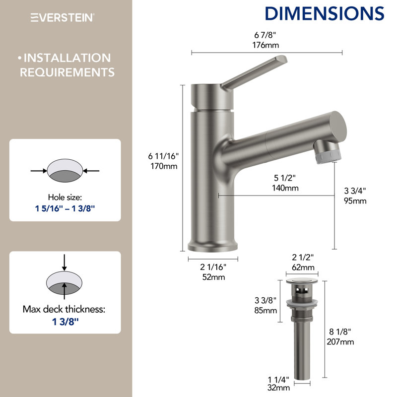 Pull-Out Bathroom Faucet, Single Handle Bathroom Sink Faucet with Drain Assembly, Brushed Nickel
