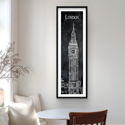 Croquis de Big Ben avec carte - reproduction encadrée monochrome grise