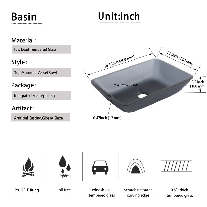 COUOKO 18"L x 13''W Rectangular Matte Gray Glass Bathroom Sink