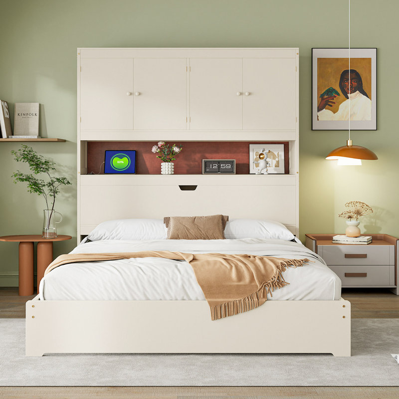 Lit moderne, lit plateforme en bois avec port USB, tête de lit et tiroirs de rangement, Crème, crème