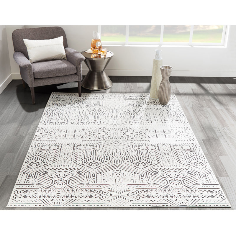 Tapis ivoire et gris anthracite tissé au métier mécanique Adhitya, Rectangle 3 pi 11 po x 5 pi 7 po