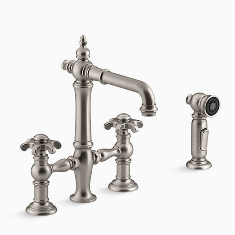Artifacts Bridge Faucet, Cross Handle, Vibrant Stainless
