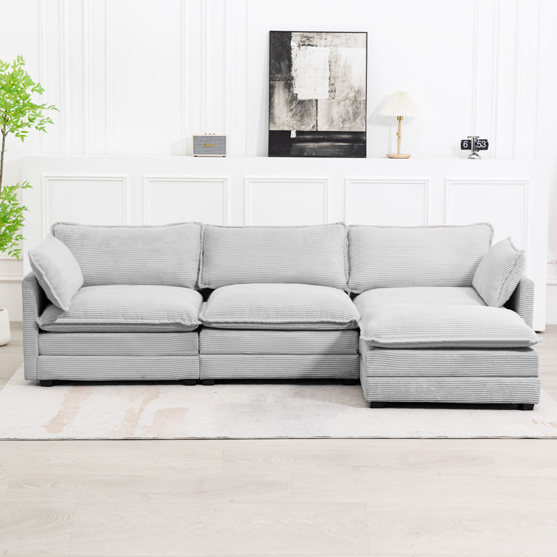 Canapé modulaire en L 112 po 4 pièces Redenius, Velours côtelé gris