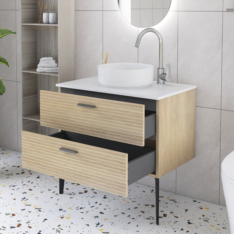 Meuble-lavabo simple 30 po en chêne avec vasque en céramique blanche