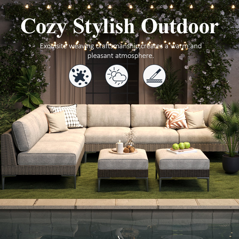  10-piece Wicker Rattan Patio Furniture Set, Deep Seating Outdoor Modular Sectional Sofa Conversation Set With Thick Cushions For Lawn, Garden