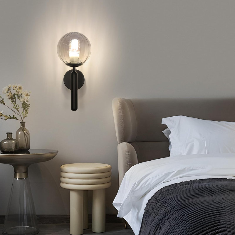 Black Base and Smoke Glass Globe 35cm Wall Sconce 
