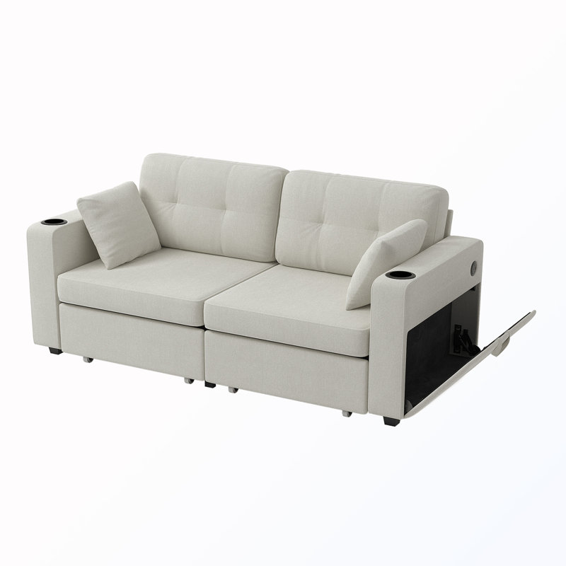 Canapé 3 places avec rangement et station de charge et porte-gobelet, Beige Chenille