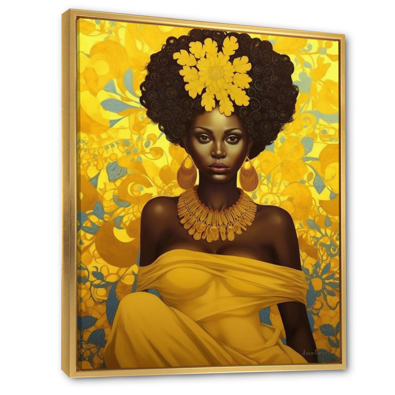 Orisha Oshun, déesse africaine en jaune I, H 32 po x l 24 po x P 1 po, Cadre flottant doré