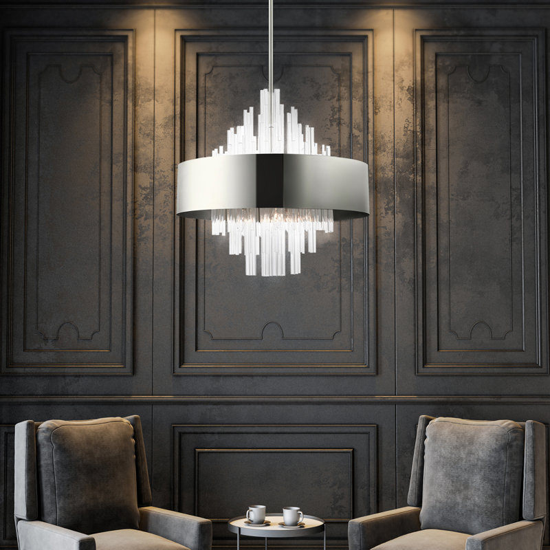 10 - Light Dimmable Drum Chandelier, Polished Nickel, Polished Nickel