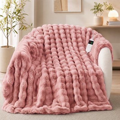 PFASDFW Heated Blanket Electric Faux Rabbit Fur Bubble Heating Blanket Throw Blanket, 10 Heat Settings, 8 Hour Auto Off, Fast Heating Heating Blanket with Overheat Protection