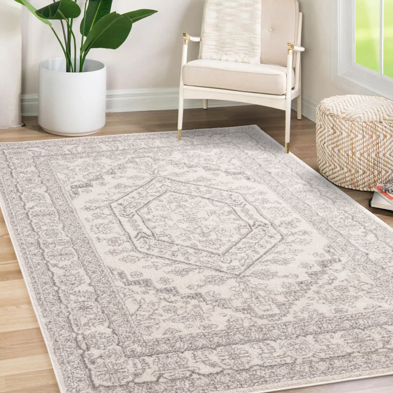 Vanille Oriental White Grey Traditional Area Rug, Rectangle 5'3" x 7'7"