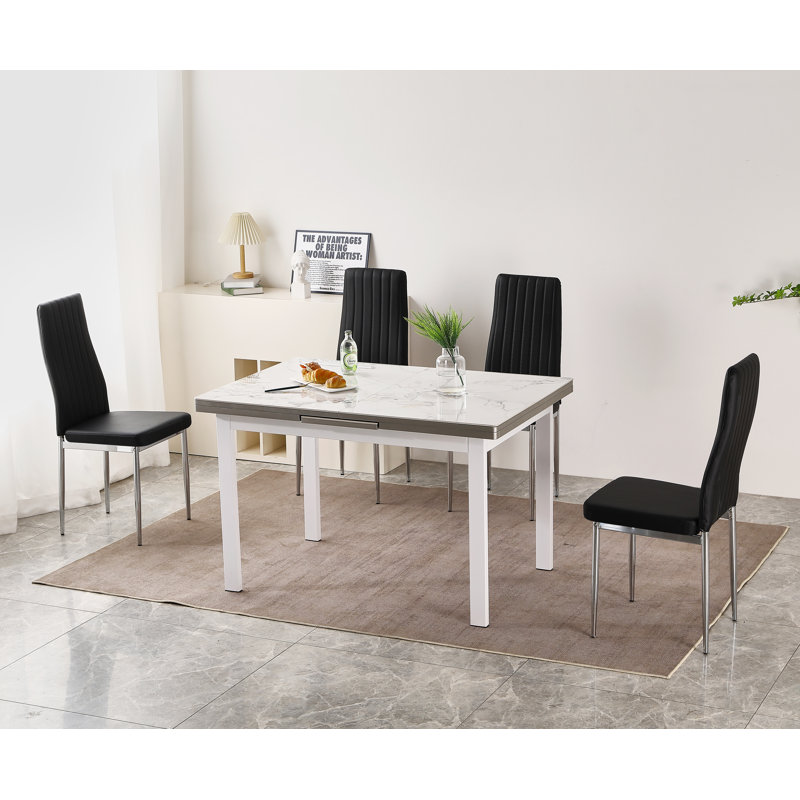 Jade White Sintered Stone Extending Dining Table with 4 Monza Chairs, Black