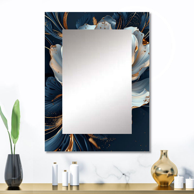 Or doré et pivoine bleue en fleurs - miroir décoratif pivoine, miroir mural doré, impression d'art en métal, 32 po x 24 po