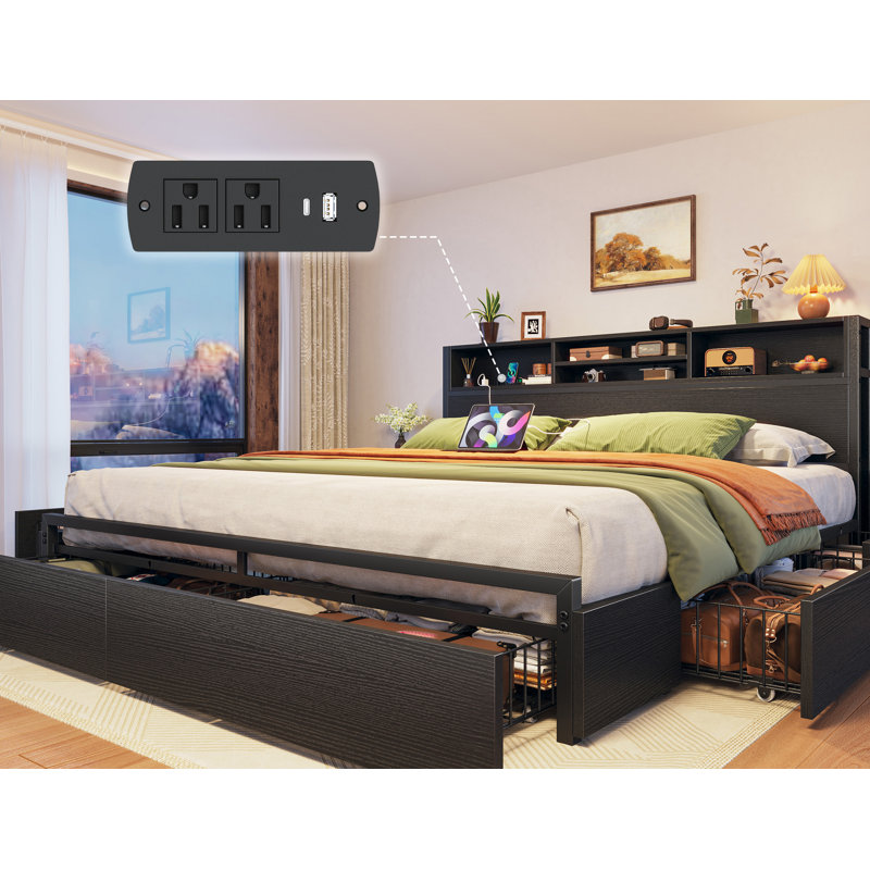 Weissmann Bed Frame with Bookcase Headboard, 6-Drawer Storage & Charging Station ,King, King, Black